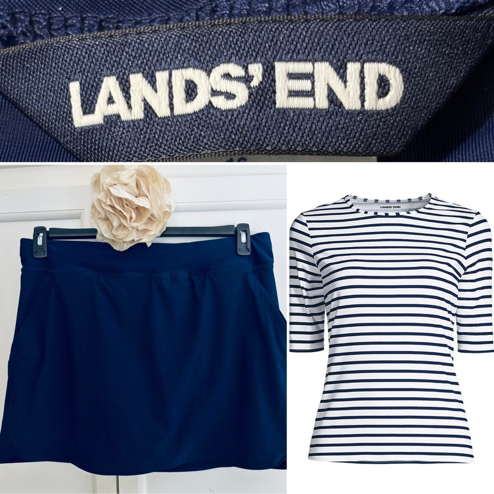 Lands' End Navy Swim Skirt and Striped SunShade Rash Guard Tee Set Women’s 16/1X